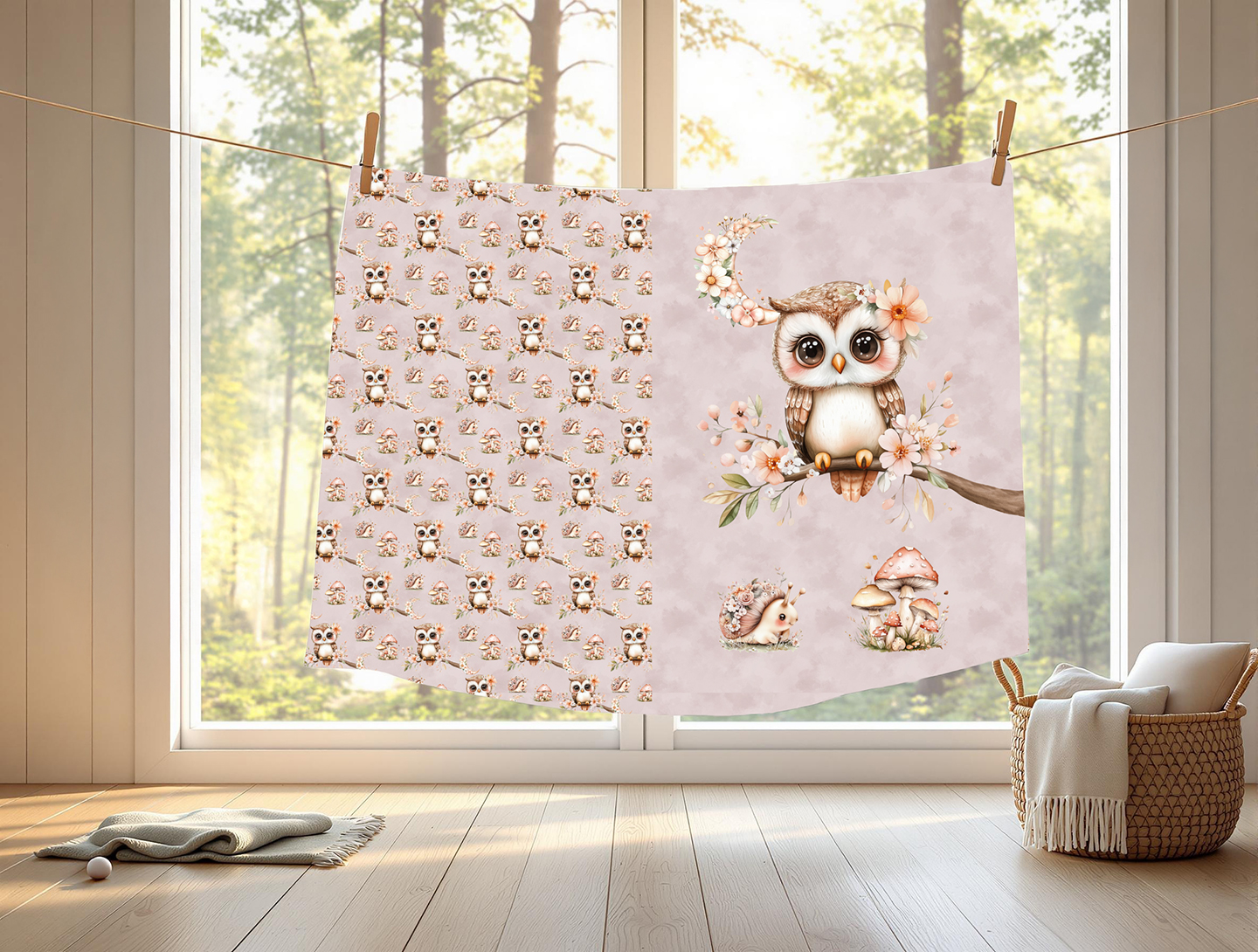 Hibou et lune floral fond rose