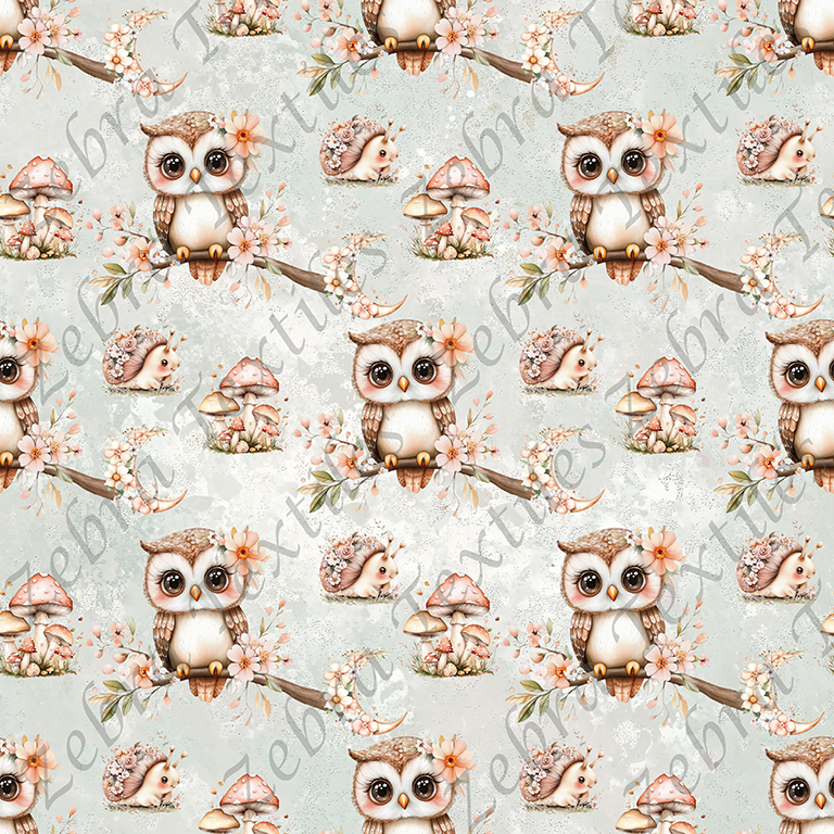 Hibou et lune floral fond vert