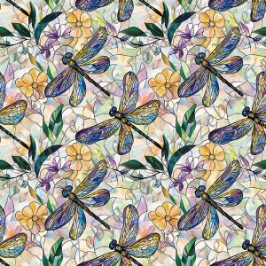 Libellule vitrail floral jaune