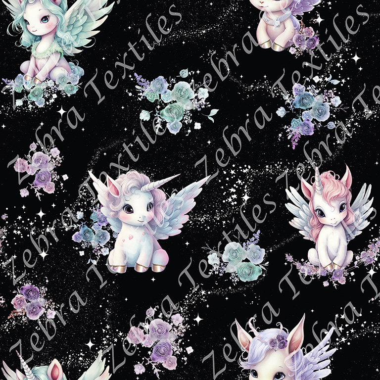 Licorne ailes colorées fond noir étoilé