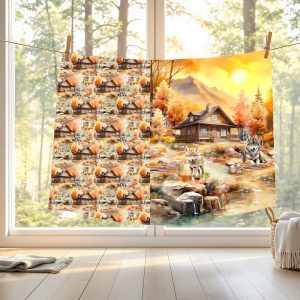 Loup et chalet en automne