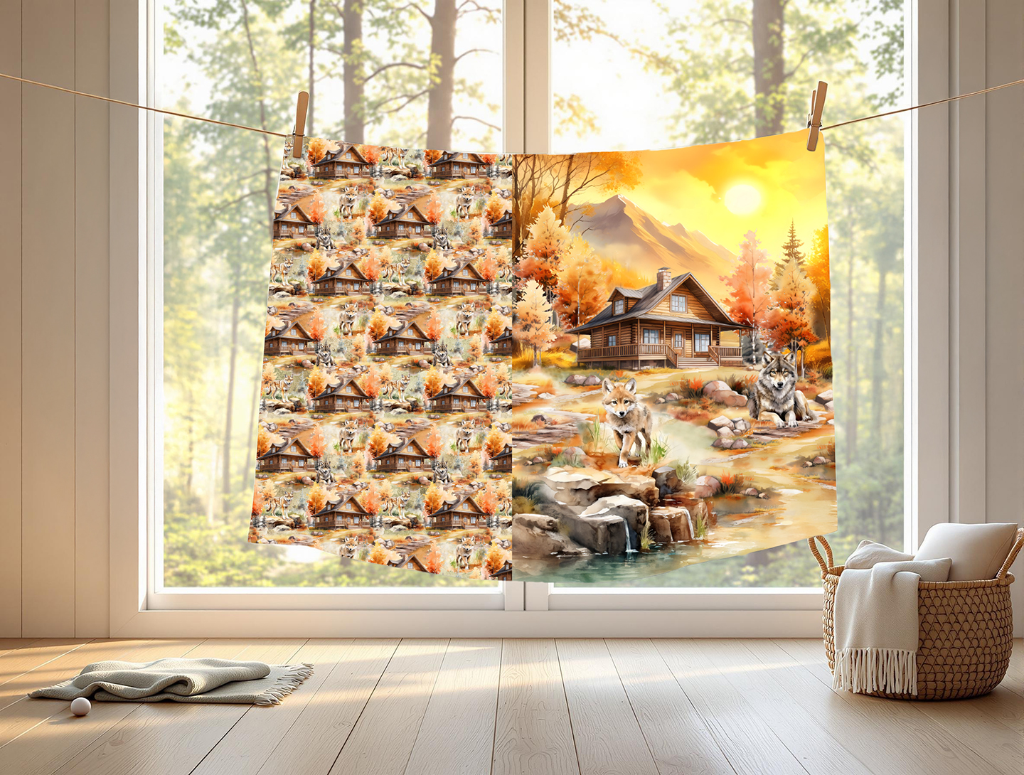 Loup et chalet en automne