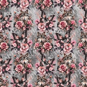 Loup et papillon floral rosé fond gris