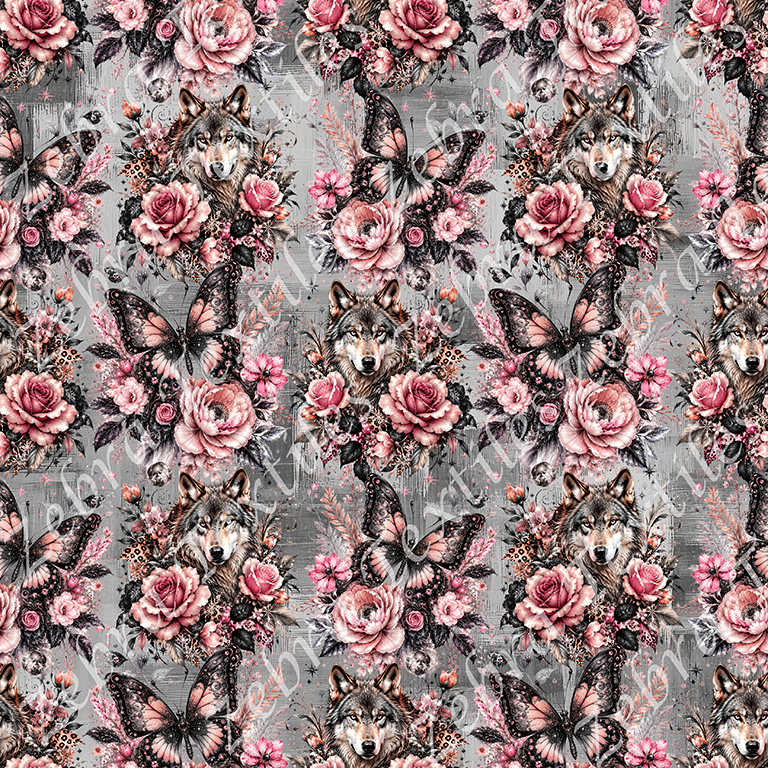 Loup et papillon floral rosé fond gris