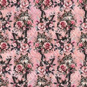 Loup et papillon floral rosé fond rose