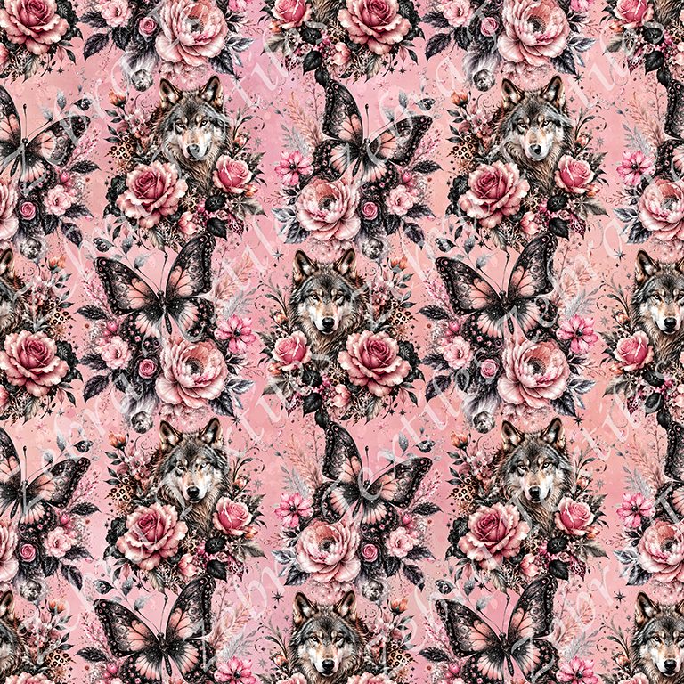 Loup et papillon floral rosé fond rose
