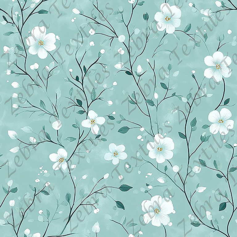Petite fleur blanche et feuillage fond menthe