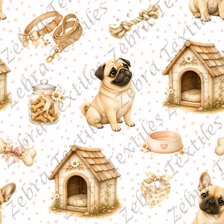 Pug et niche fond pois