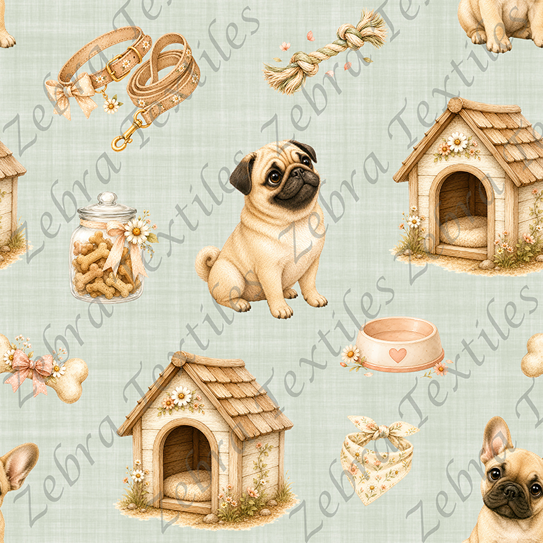 Pug et niche fond vert