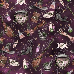 Sorcière des bois et chat fond mauve