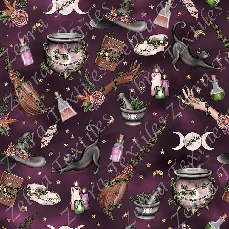 Sorcière des bois et chat fond mauve