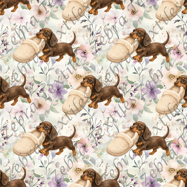 Teckel pantoufle fond floral
