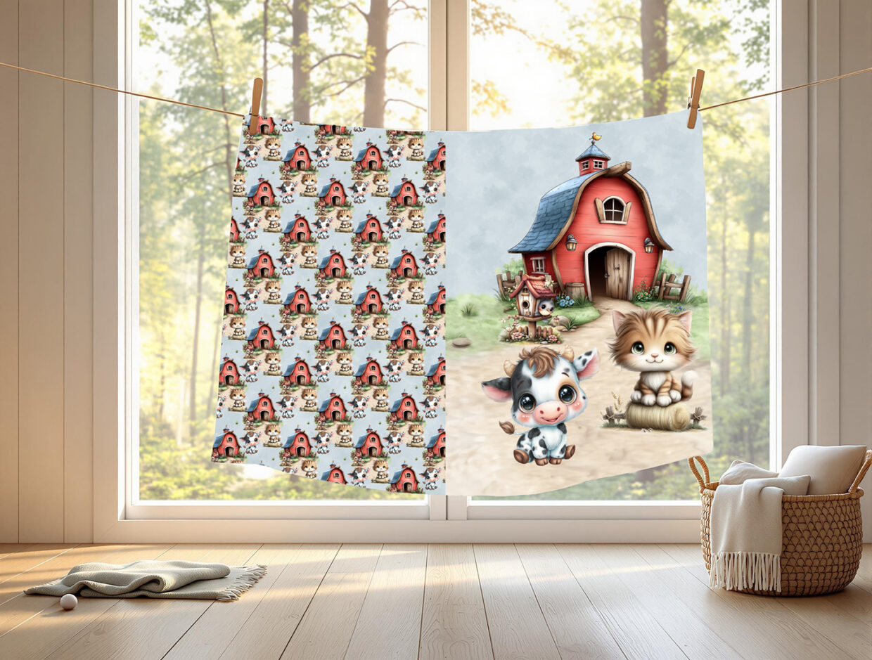 Vache à la ferme fond bleu