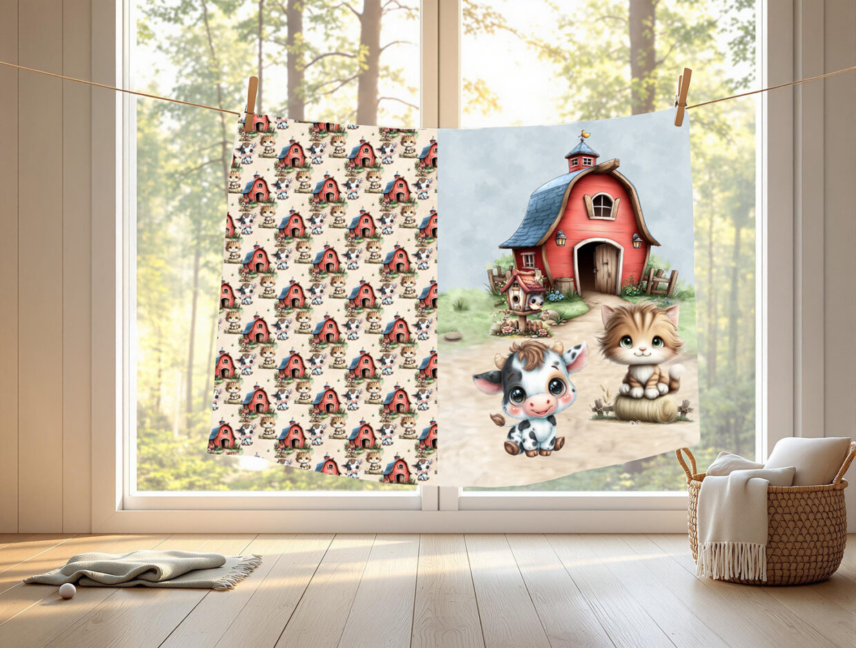 Vache à la ferme fond crème