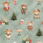 Vache highland et sapin fond vert