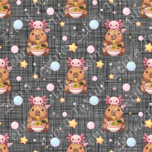 Capybara et axolotl bulle fond lin