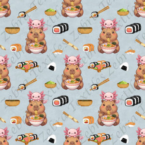 Capybara et axolotl sushi fond bleu