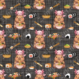 Capybara et axolotl sushi fond lin