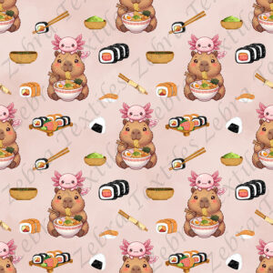 Capybara et axolotl sushi fond rose