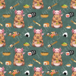 Capybara et axolotl sushi fond sarcelle
