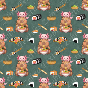 Capybara et axolotl sushi fond sarcelle