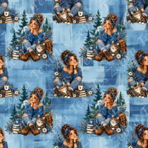 Fille pull bleu et chat fond bleu