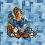 Fille pull bleu et chat fond bleu plaid