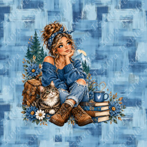 Fille pull bleu et chat fond bleu plaid