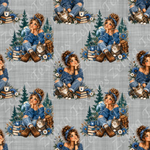 Fille pull bleu et chat fond gris