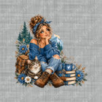 Fille pull bleu et chat fond gris