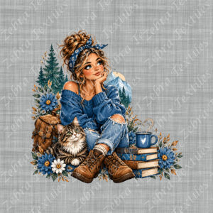 Fille pull bleu et chat fond gris