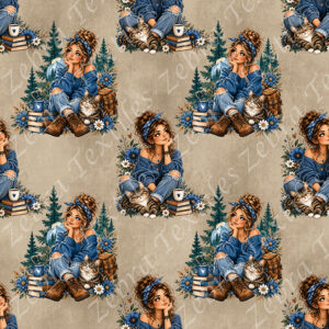 Fille pull bleu et chat fond sable