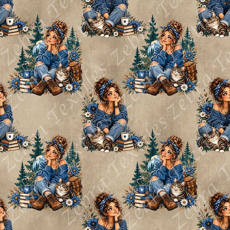 Fille pull bleu et chat fond sable