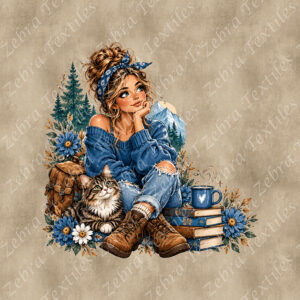 Fille pull bleu et chat fond sable