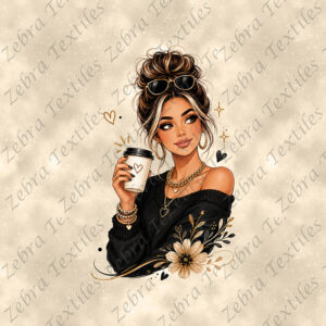 Fille pull noir et café fond crème