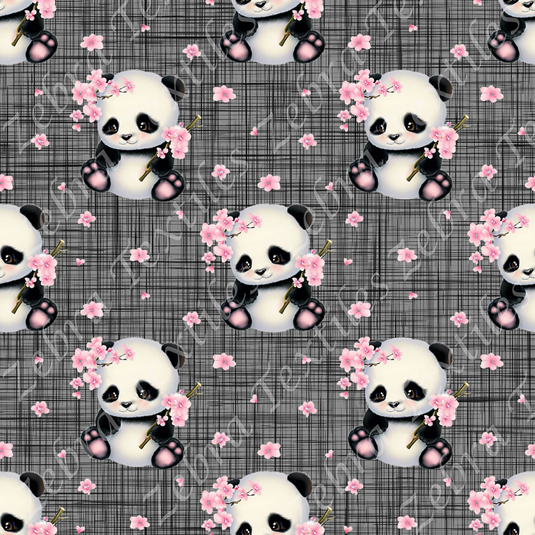 Panda fleur rose fond lin