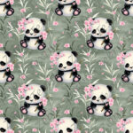 Panda fleur rose fond vert