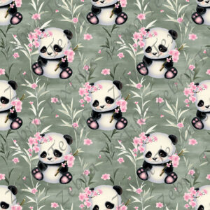 Panda fleur rose fond vert