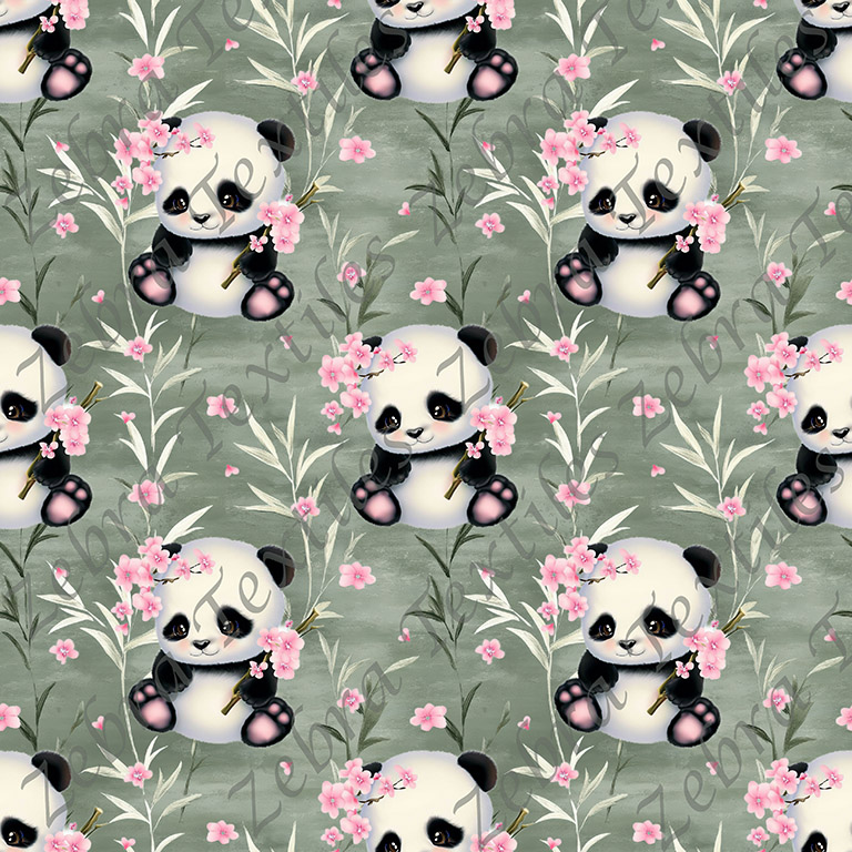 Panda fleur rose fond vert