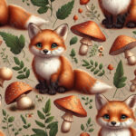 Renard feuillage et champignon rouge