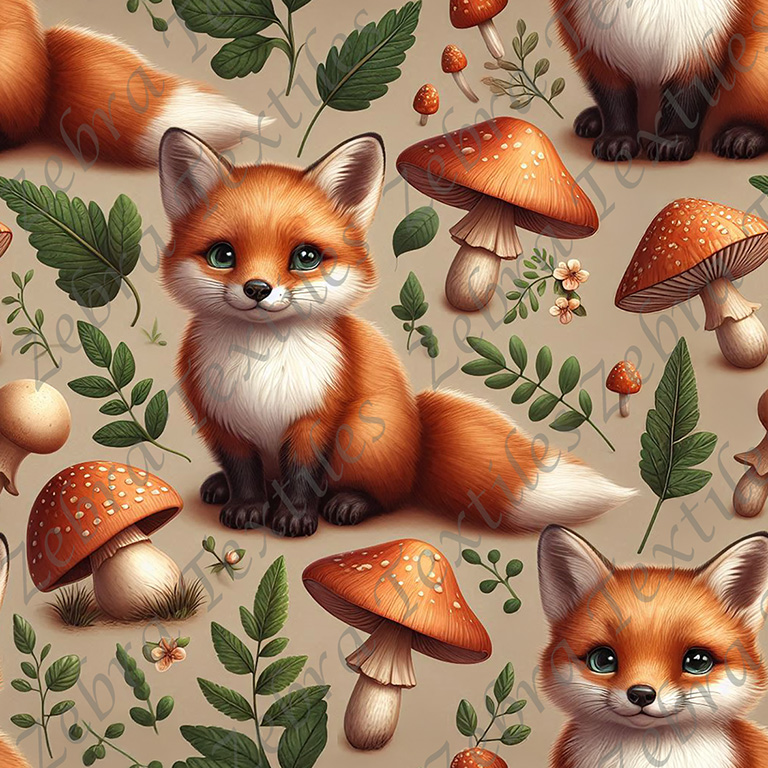 Renard feuillage et champignon rouge