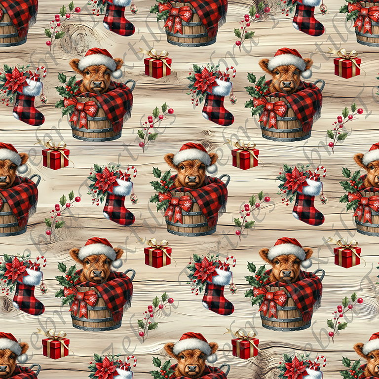 Vache et baril de Noël fond bois