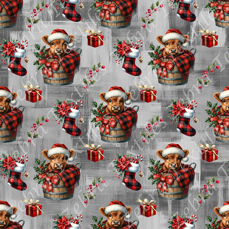 Vache et baril de Noël fond gris