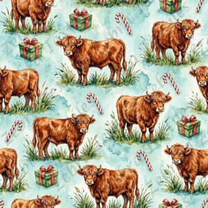 Vache highland cadeaux de Noël et canne fond bleu