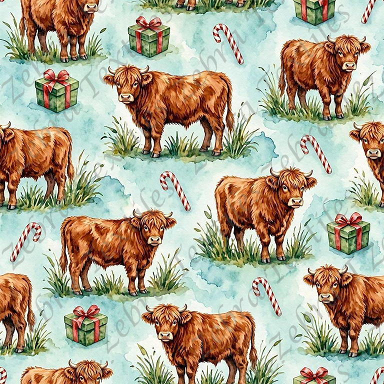 Vache highland cadeaux de Noël et canne fond bleu