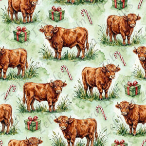 Vache highland cadeaux de Noël et canne fond vert