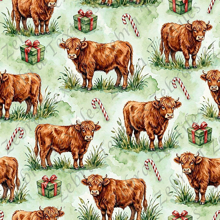 Vache highland cadeaux de Noël et canne fond vert