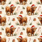Vache highland et cadeaux de Noël fond crème