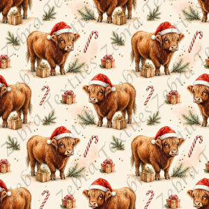 Vache highland et cadeaux de Noël fond crème