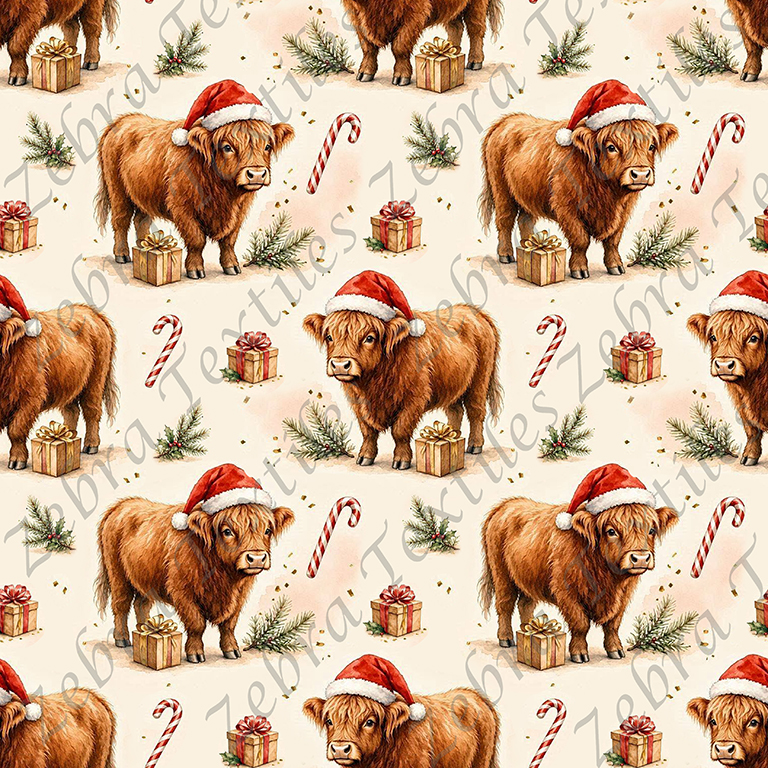 Vache highland et cadeaux de Noël fond crème